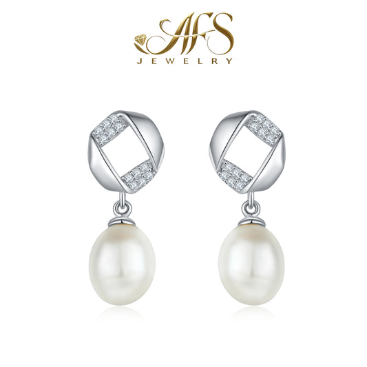 Diamond-Shaped Freshwater Pearl S925 White-Gold-Plated Stud Earrings for Women Daily Wear