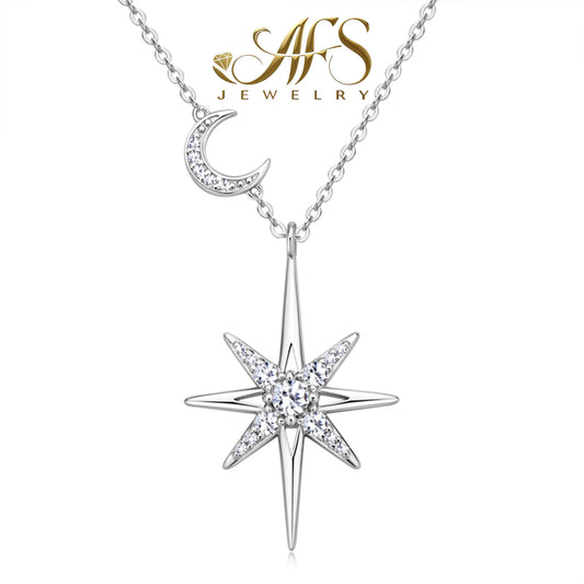 0.285 Carat Star-Moon Synthetic Moissanite Luster Necklace in Sterling Silver 925 Plated with 18K Yellow Gold for Women Casual Chic