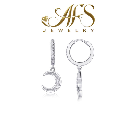0.284 Carat Star-Moon Drop Synthetic Moissanite Sky-Glow Earrings in Sterling Silver 925 Plated with White Gold for Women Everyday Whimsy