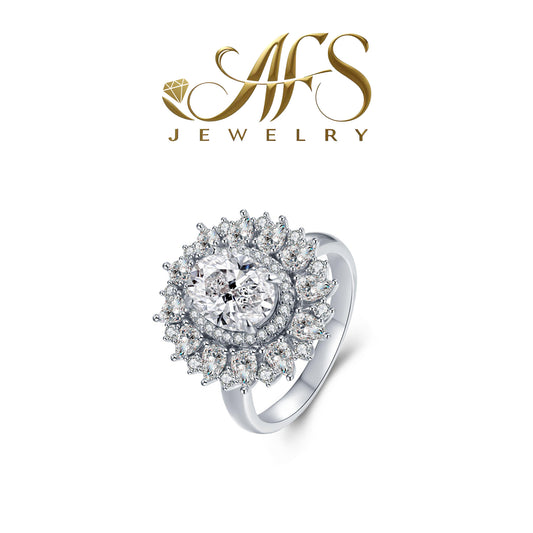 2 carat oval-cut synthetic moissanite, 18K white gold plated with S925 sterling silver, rice grain vintage promise ring, halo engagement ring, anniversary, birthday gift choice, 9x7 mm