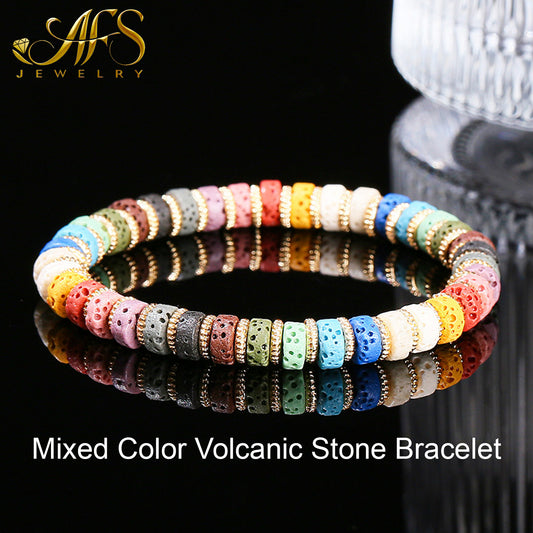 AFS Jewelry Mixed Color Volcanic Stone Bracelet Boho Ethnic Round Disc Beads with Colorful Spacers Retro Stretch Bracelet for Women Unique Hippie Gift