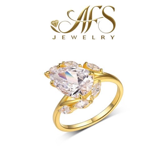 4Carat Teardrop Synthetic Moissanite Engagement Ring 18K Gold-Plated Sterling Silver Luxe