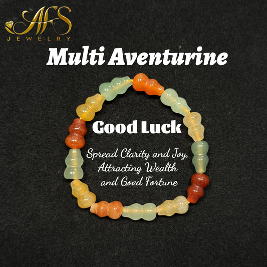 Multi-Crystal Gourd Bracelet - Gold Silk Jade & Aventurine - Lucky Wealth Abundance Talisman