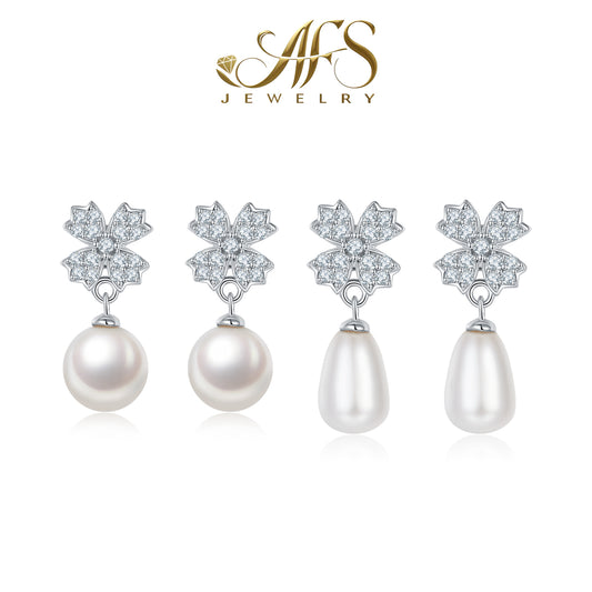 Elongated Drop Freshwater-Pearl Studs with S925 White-Gold-Plated for Women Daily-to-Evening Wear