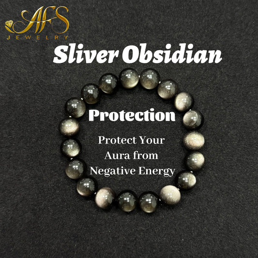 Natural Silver Sheen Obsidian Bracelet - Protection Stone & Energy Shield - Aura Cleansing & Grounding Crystal