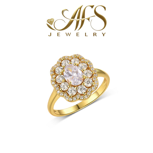 Floral Oval Synthetic Moissanite Cocktail Ring, 925 Sterling Silver, 18K Gold-Plated Round – 1.0 ct / 7×5 mm Center Stone