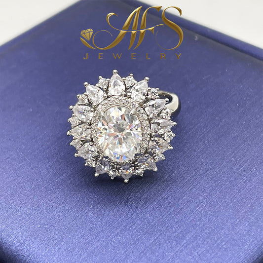 2 carat oval-cut synthetic moissanite, 18K white gold plated with S925 sterling silver, rice grain vintage promise ring, halo engagement ring, anniversary, birthday gift choice, 9x7 mm