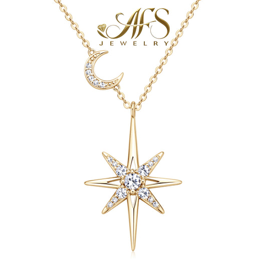 0.285 Carat Star-Moon Synthetic Moissanite Luster Necklace in Sterling Silver 925 Plated with 18K Yellow Gold for Women Casual Chic