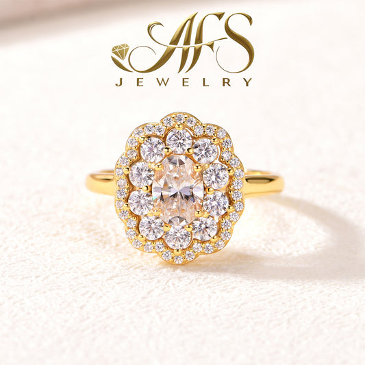 Floral Oval Synthetic Moissanite Cocktail Ring, 925 Sterling Silver, 18K Gold-Plated Round – 1.0 ct / 7×5 mm Center Stone