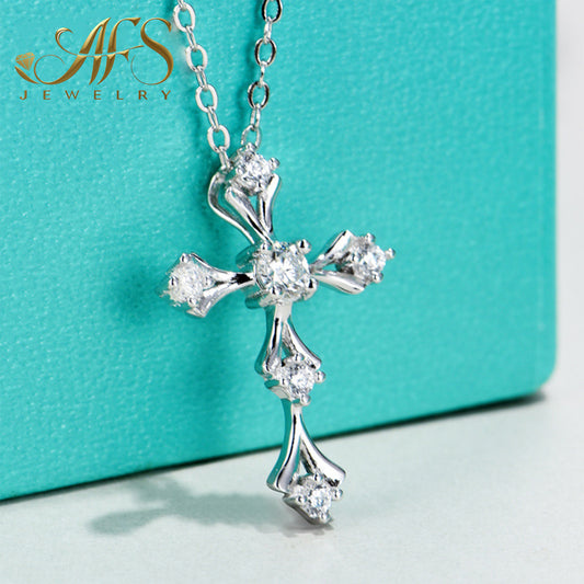 0.20 Carat Round-Cut Cross Synthetic Moissanite Frost-Glint Necklace in Sterling Silver 925 Plated with White Gold for Women Cool Spark Moments