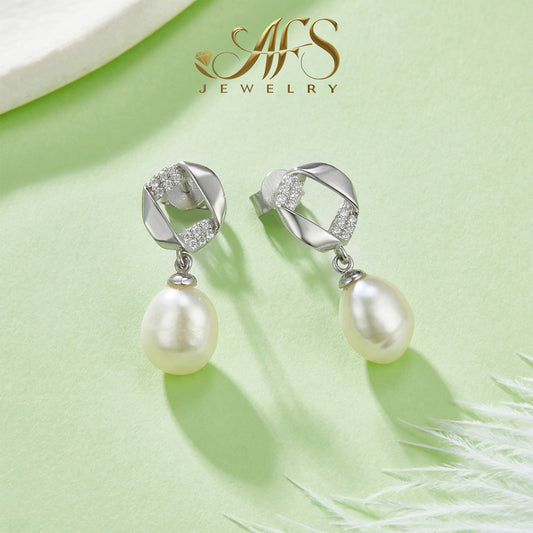 Diamond-Shaped Freshwater Pearl S925 White-Gold-Plated Stud Earrings for Women Daily Wear