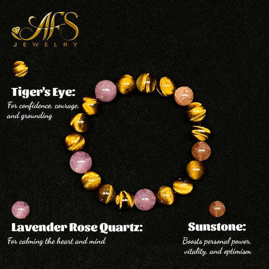 AFS Crystal Bracelet for Confident Love & Leadership Tiger's Eye Purple Rose Quartz & Sunstone Jewelry for Compassionate Strength Empowering Gift for Her