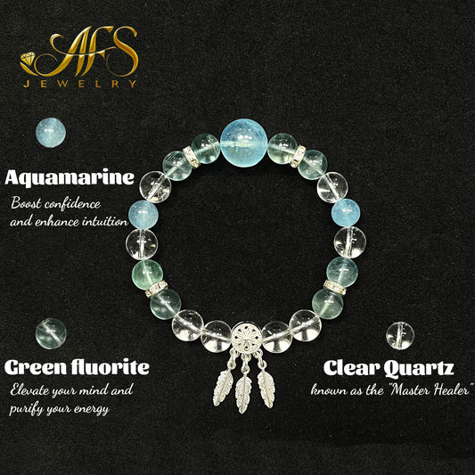 Natural Crystal Bracelet with Aquamarine, Green Fluorite & Clear Quartz - Stretch Fit