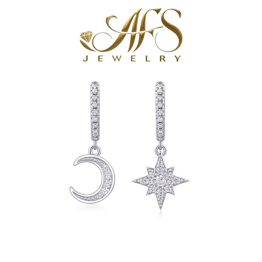 0.284 Carat Star-Moon Drop Synthetic Moissanite Sky-Glow Earrings in Sterling Silver 925 Plated with White Gold for Women Everyday Whimsy