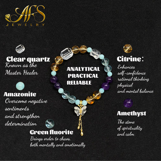 AFS Crystal Bracelet for Organization Abundance & Intuition Citrine Amethyst Green Fluorite & Amazonite Healing Crystal Jewelry Perfect Gift for Her