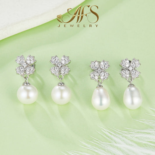 Elongated Drop Freshwater-Pearl Studs with S925 White-Gold-Plated for Women Daily-to-Evening Wear