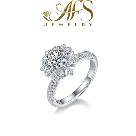 1.0 Carat Round-Cut Luan-Flower Petal-Halo Synthetic Moissanite Ring in Sterling Silver 925 Plated with White Gold for Women Social Gatherings