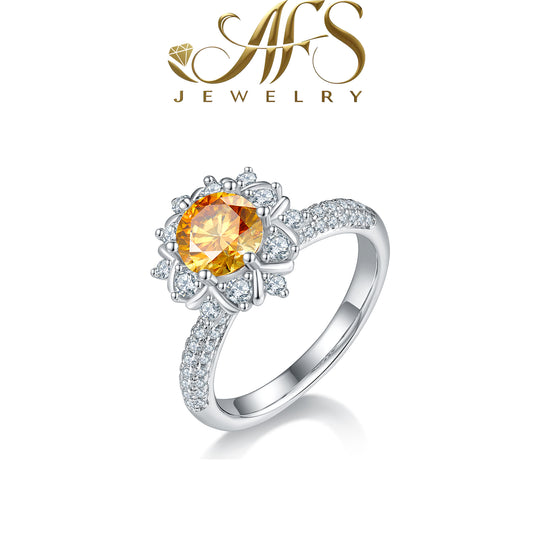 1.0 Carat Round-Cut Luan-Flower Petal-Halo Synthetic Moissanite Ring in Sterling Silver 925 Plated with White Gold for Women Social Gatherings