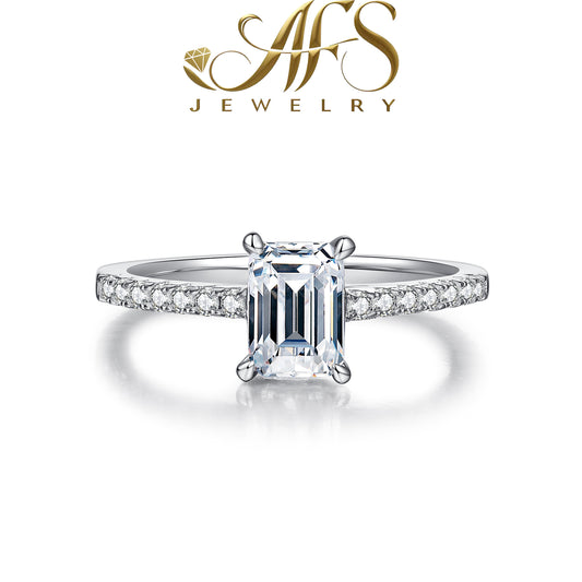 1.0 Carat Emerald-Cut Micro-Pavé Synthetic Moissanite Minimalist Ring in Sterling Silver 925 Plated with White Gold for Women Social Sparkle