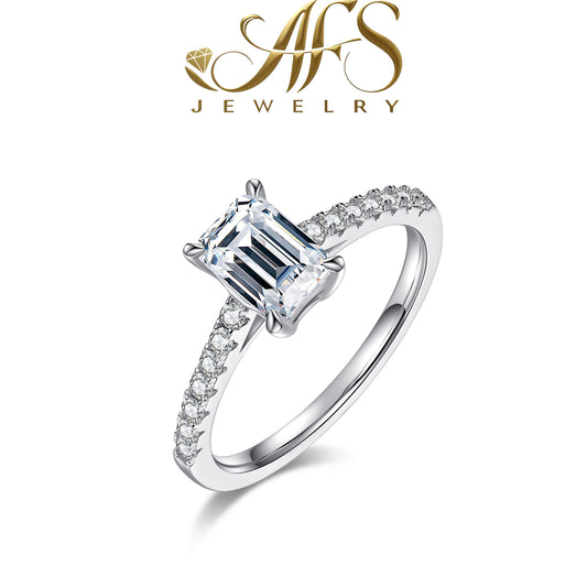 1.0 Carat Emerald-Cut Micro-Pavé Synthetic Moissanite Minimalist Ring in Sterling Silver 925 Plated with White Gold for Women Social Sparkle