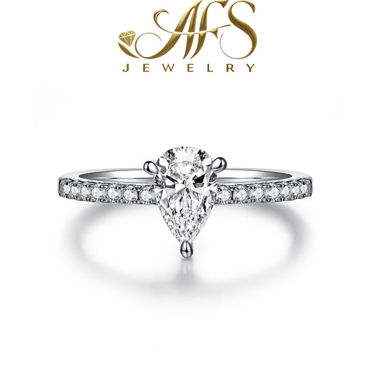 1.0 Carat Pear-Cut Micro-Pavé Synthetic Moissanite Dewdrop Ring in Sterling Silver 925 Plated with White Gold for Women Daily Radiance