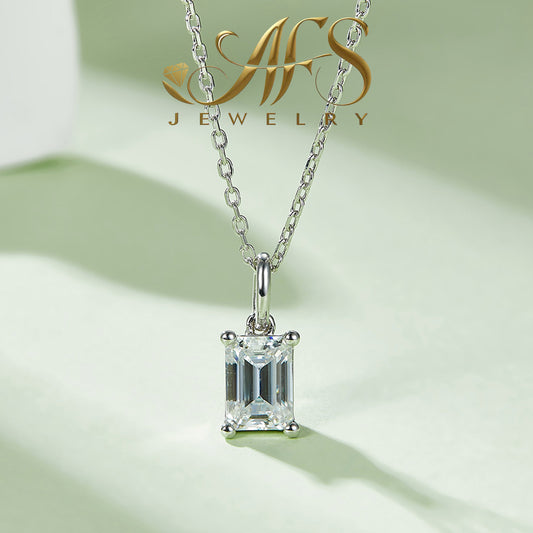 1.0 Carat Emerald-Cut Classic Synthetic Moissanite Glow Necklace in Sterling Silver 925 Plated with White Gold for Women Casual Glamour