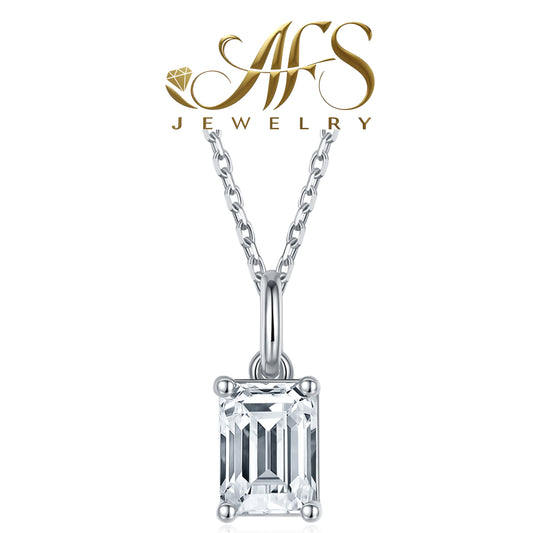 1.0 Carat Emerald-Cut Classic Synthetic Moissanite Glow Necklace in Sterling Silver 925 Plated with White Gold for Women Casual Glamour