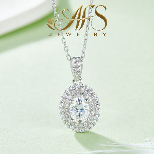 1.0 Carat Oval-Cut Halo-Set Synthetic Moissanite Whisper-Lux Pendant in Sterling Silver 925 Plated with White Gold for Women Casual Radiance