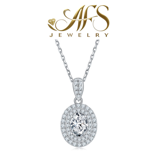 1.0 Carat Oval-Cut Halo-Set Synthetic Moissanite Whisper-Lux Pendant in Sterling Silver 925 Plated with White Gold for Women Casual Radiance