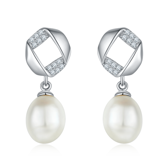 Diamond-Shaped Freshwater Pearl S925 White-Gold-Plated Stud Earrings for Women Daily Wear