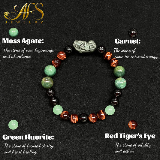 AFS Crystal Bracelet for Grounding Prosperity & Courage Moss Agate Green Fluorite Red Tiger's Eye & Garnet Gemstone Jewelry Empowerment Gift for Her