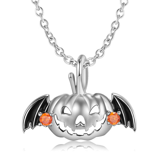 Bat-Silhouette Drop-Glue Hollow Flying Pumpkin Drop-Glue Necklace with Zircon Luxe Micro-Inlaid for Fashionistas Halloween City Night-Out
