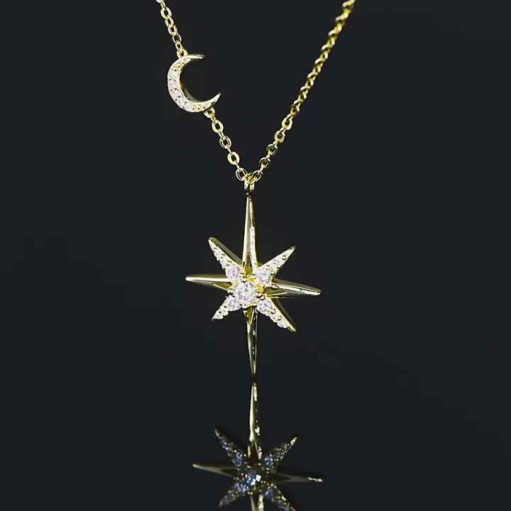 0.285 Carat Star-Moon Synthetic Moissanite Luster Necklace in Sterling Silver 925 Plated with 18K Yellow Gold for Women Casual Chic