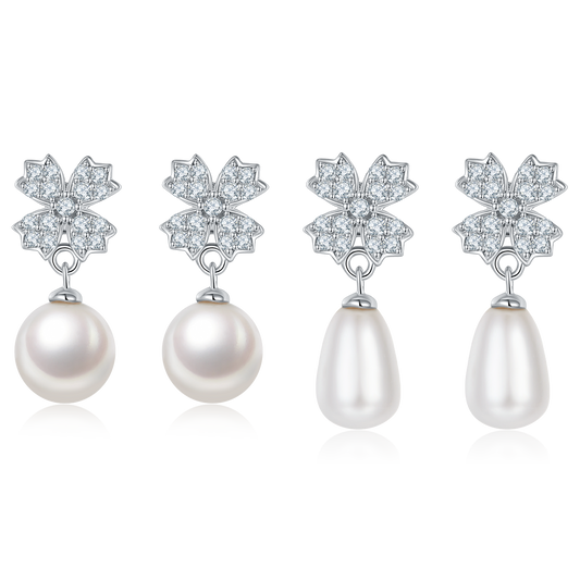 Elongated Drop Freshwater-Pearl Studs with S925 White-Gold-Plated for Women Daily-to-Evening Wear