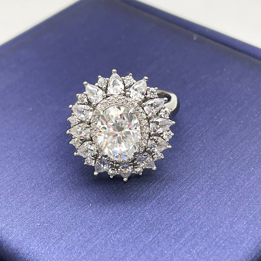 Oval Moissanite Halo Engagement Ring,18K White Gold Plated S925 Sterling Silver-2.0 ct 9×7 mm
