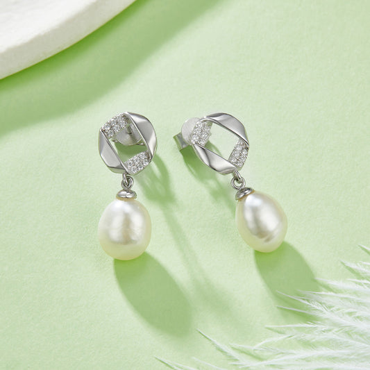 Diamond-Shaped Freshwater Pearl S925 White-Gold-Plated Stud Earrings for Women Daily Wear