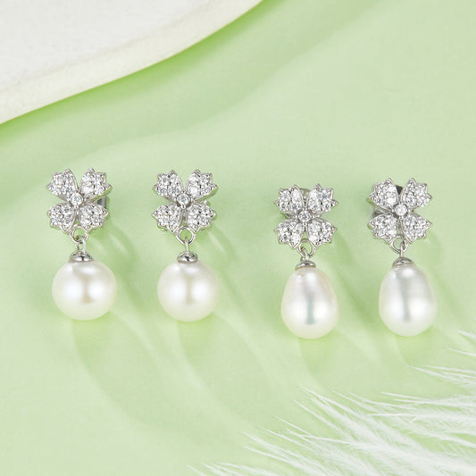 Elongated Drop Freshwater-Pearl Studs with S925 White-Gold-Plated for Women Daily-to-Evening Wear