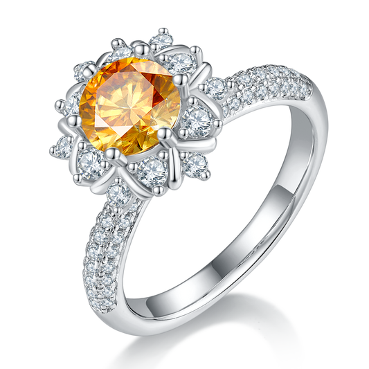 1.0 Carat Round-Cut Luan-Flower Petal-Halo Synthetic Moissanite Ring in Sterling Silver 925 Plated with White Gold for Women Social Gatherings