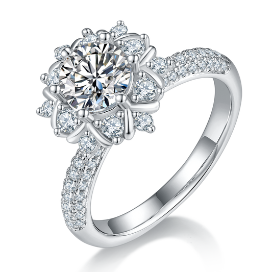 1.0 Carat Round-Cut Luan-Flower Petal-Halo Synthetic Moissanite Ring in Sterling Silver 925 Plated with White Gold for Women Social Gatherings