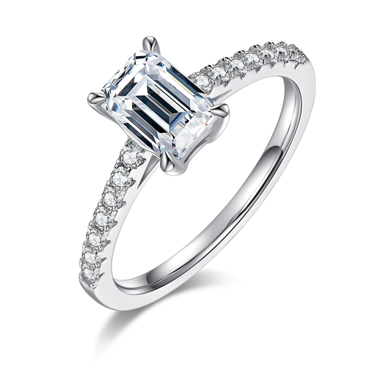1.0 Carat Emerald-Cut Micro-Pavé Synthetic Moissanite Minimalist Ring in Sterling Silver 925 Plated with White Gold for Women Social Sparkle