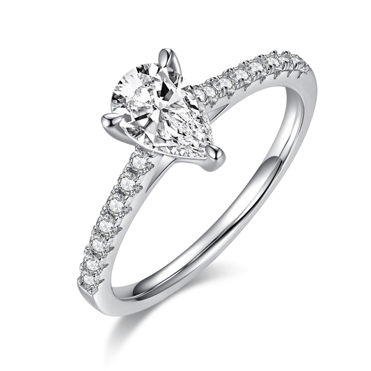 1.0 Carat Pear-Cut Micro-Pavé Synthetic Moissanite Dewdrop Ring in Sterling Silver 925 Plated with White Gold for Women Daily Radiance