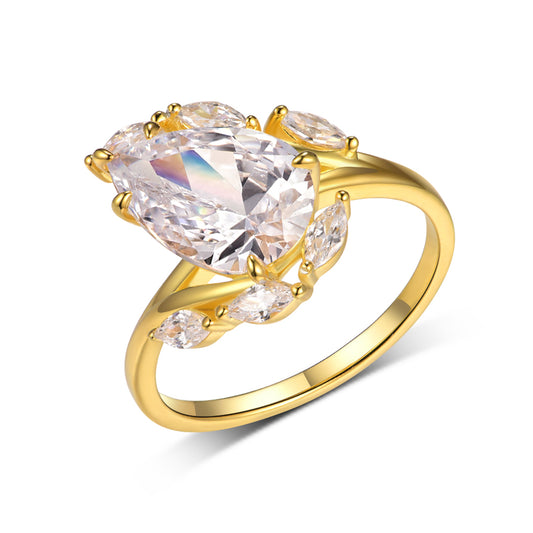 4Carat Teardrop Synthetic Moissanite Engagement Ring 18K Gold-Plated Sterling Silver Luxe