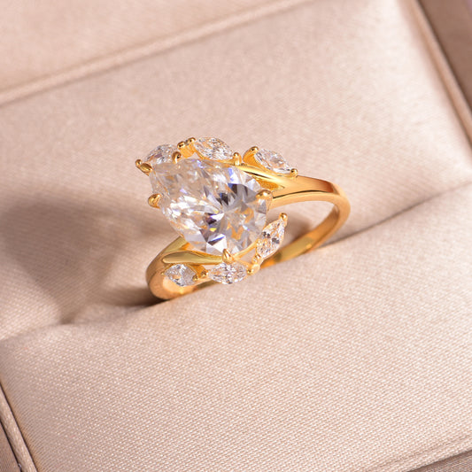 4Carat Teardrop Synthetic Moissanite Engagement Ring 18K Gold-Plated Sterling Silver Luxe