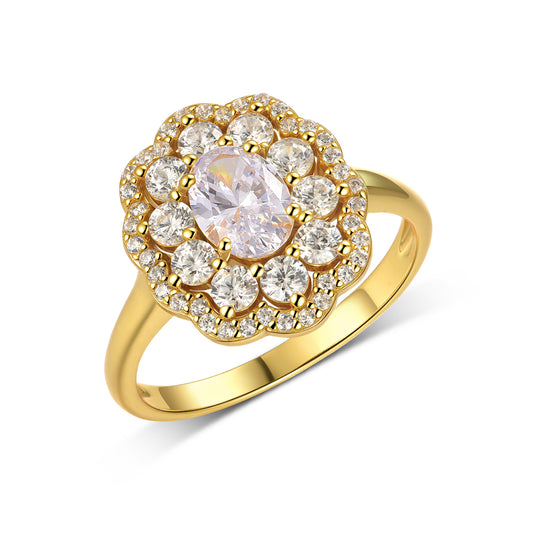 Floral Oval Synthetic Moissanite Cocktail Ring, 925 Sterling Silver, 18K Gold-Plated Round – 1.0 ct / 7×5 mm Center Stone