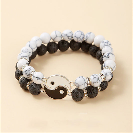 AFS Jewelry Yin Yang Energy Balance Bracelet Volcanic Stone & Howlite for Harmony & Protection, Matching Couple Bracelet Set Spiritual Gift for Him & Her