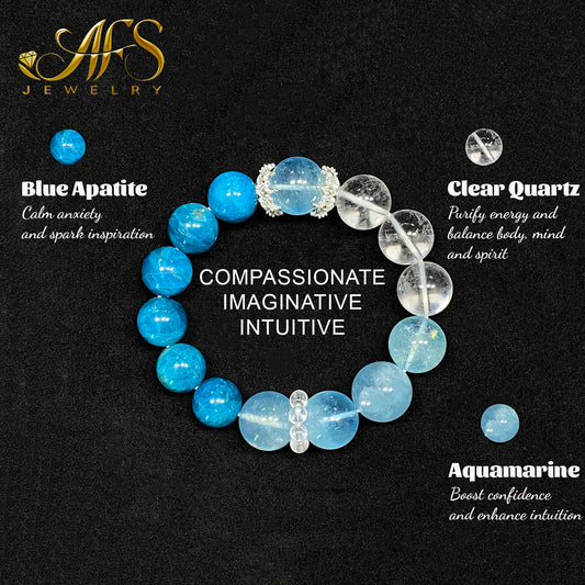 AFS Crystal Bracelet for Dreamy Intuition & Spiritual Connection Blue Apatite Clear Quartz Aquamarine Jewelry for Empaths Deep Calm Mystical Gift for Her