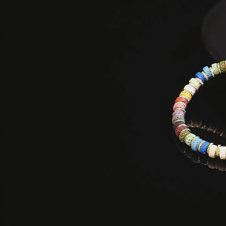 AFS Jewelry Mixed Color Volcanic Stone Bracelet Boho Ethnic Round Disc Beads with Colorful Spacers Retro Stretch Bracelet for Women Unique Hippie Gift